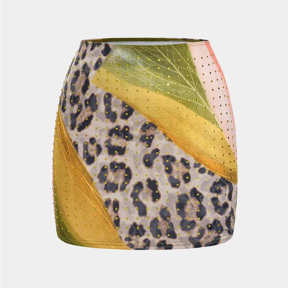 Yellow Leopard-Print Embellished Mini Skirt